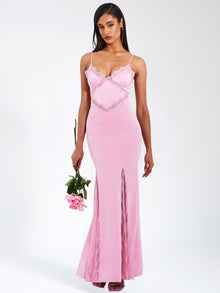 Xandria Lace Satin Mermaid Flare Maxi Dress | Pink