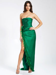 Perrin Emerald Feather Dress High Slit Gown | Green