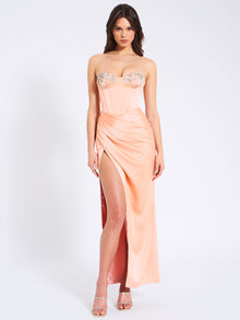 Amelia Satin Corset Slit Gown With Crystal Embellished | Blush