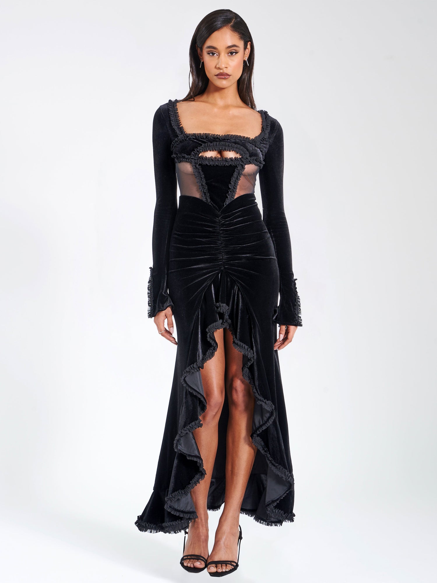 Maeve Velvet and Mesh Long Sleeve Maxi Dress | Black