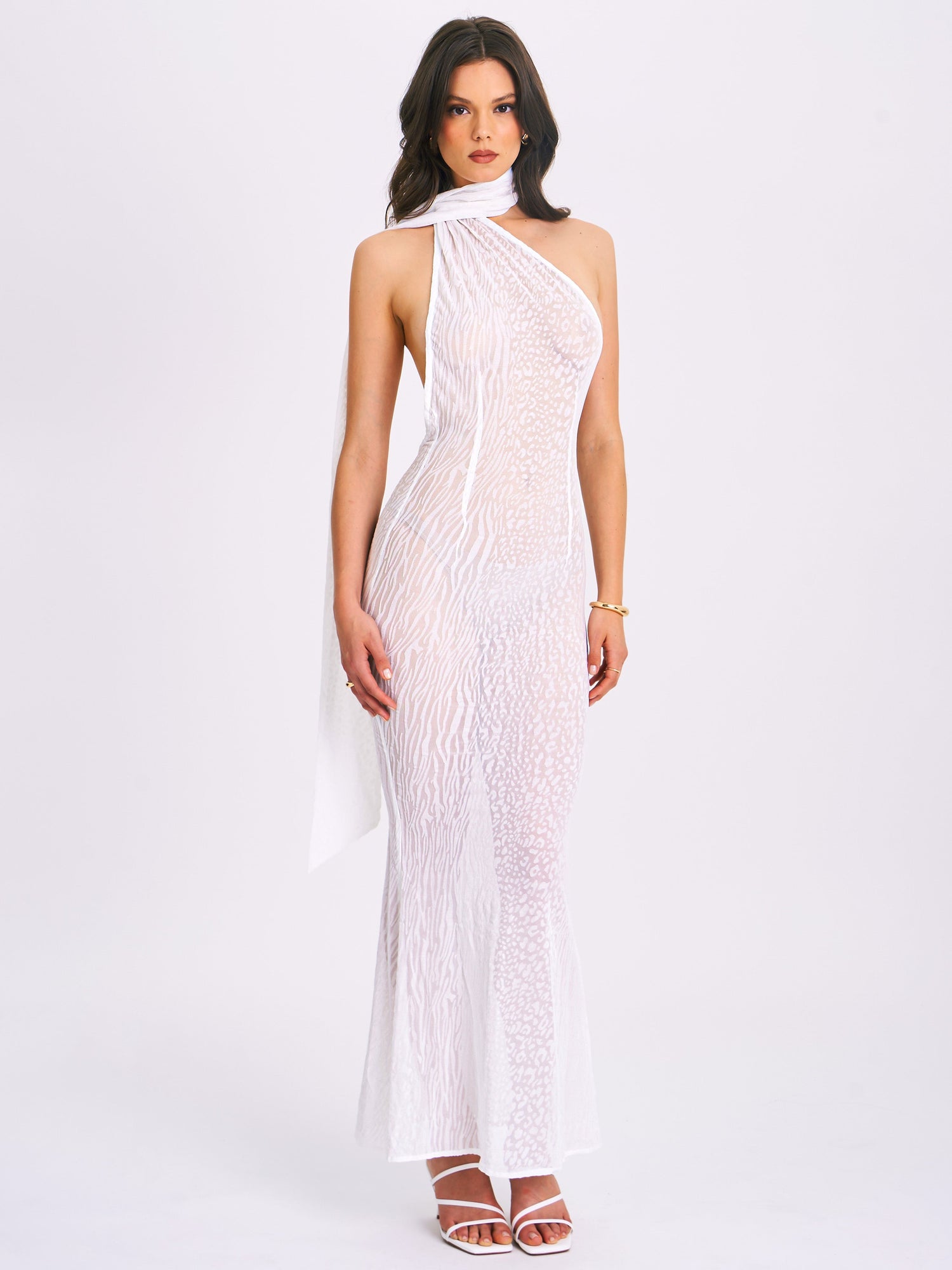 Olena Burnout Velvet Animal Print Mesh Halter Neck Maxi Dress | White