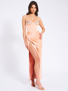 Amelia Satin Corset Slit Gown With Crystal Embellished | Blush