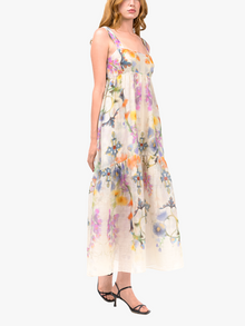 Ramie Square Neck Maxi Dress | Cream Multi