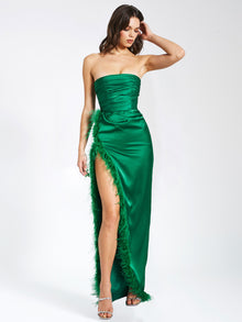 Perrin Emerald Feather Dress High Slit Gown | Green