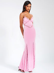 Xandria Lace Satin Mermaid Flare Maxi Dress | Pink