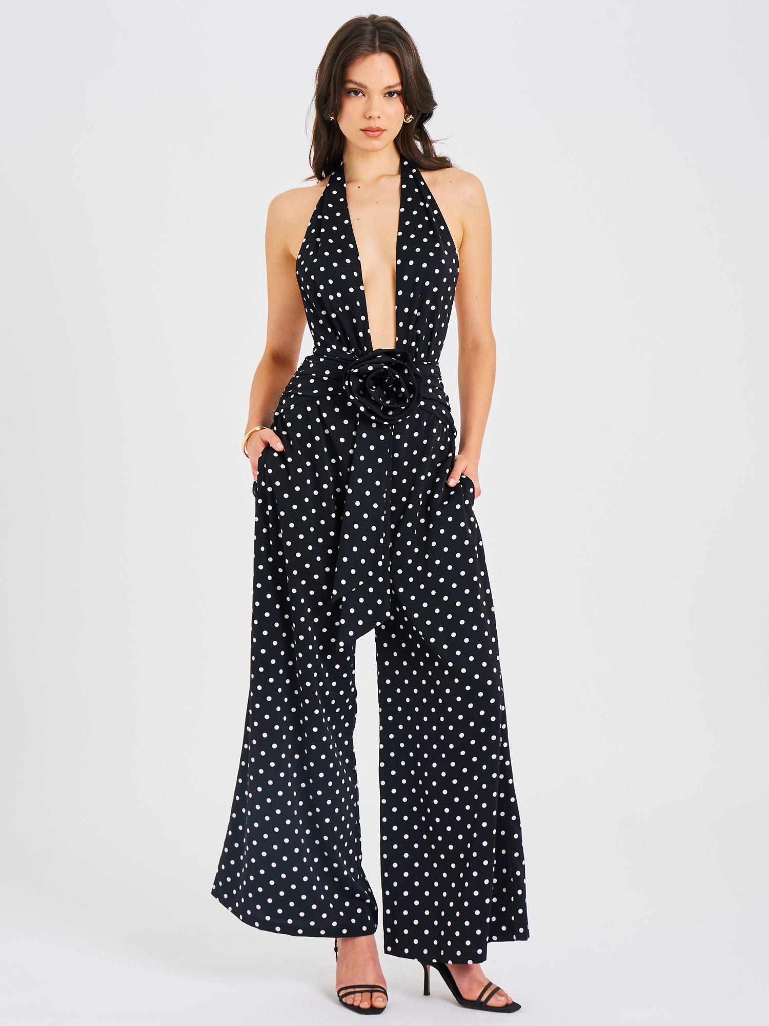 Oriana Polka Dots Halter Jumpsuit | Black