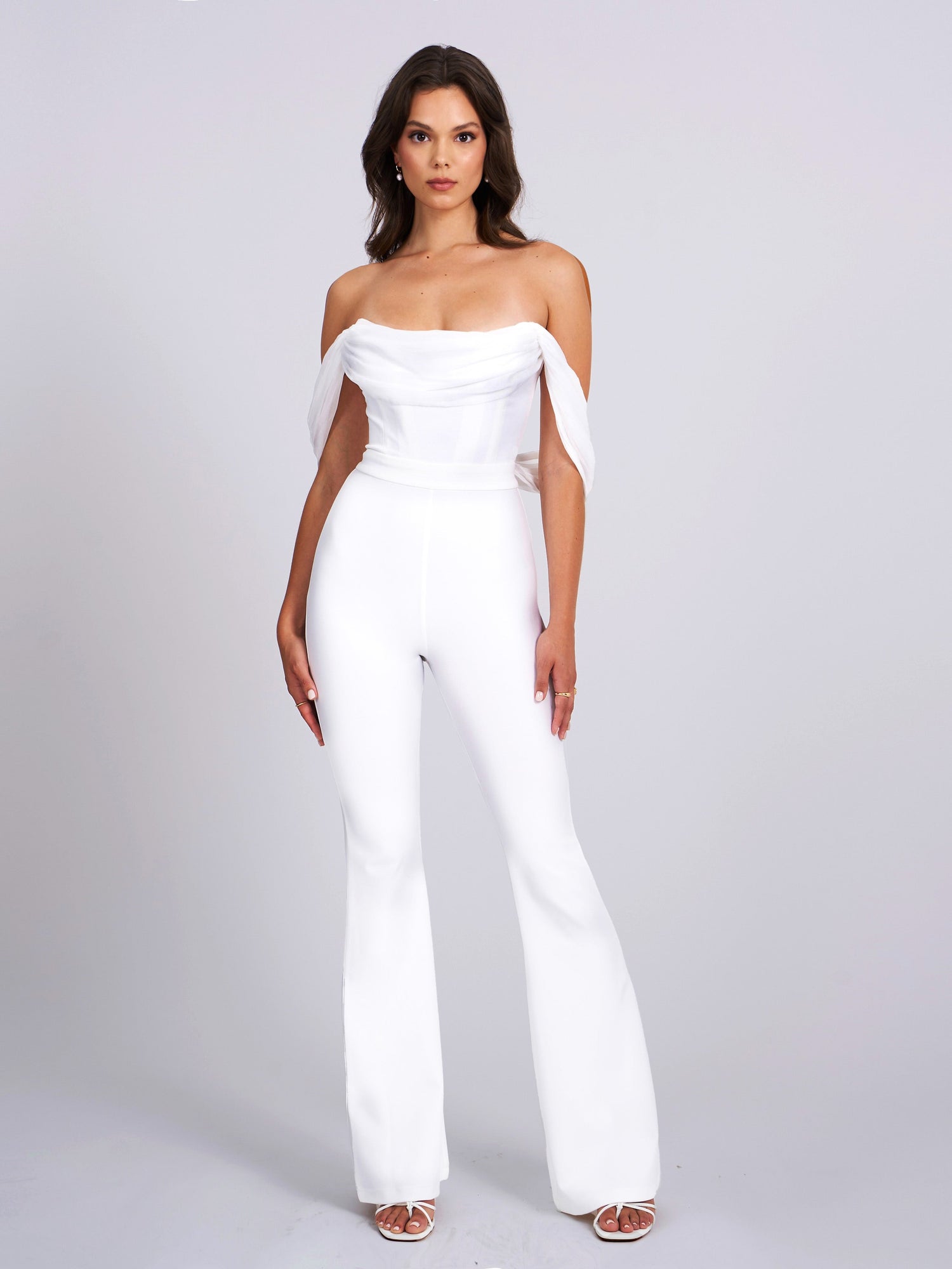 Sherlyn Off Shoulder Flared Crepe Jumpsuit | White