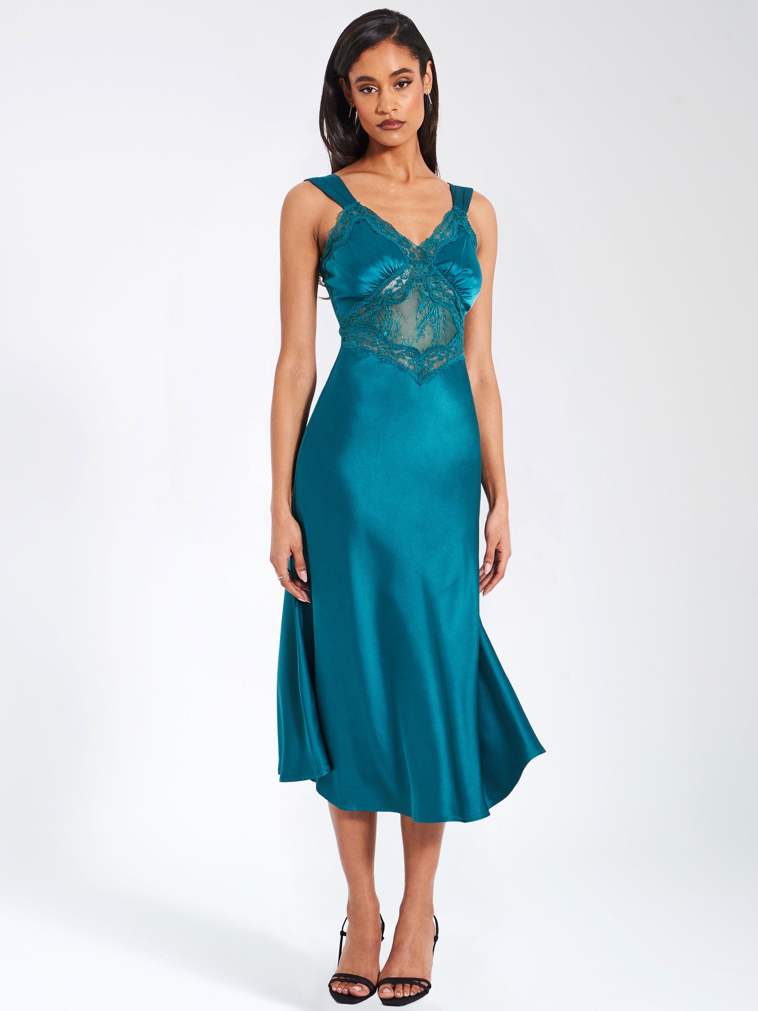 Perley Satin and Lace Midi Dress | Teal