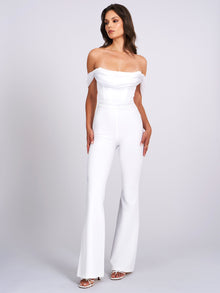 Sherlyn Off Shoulder Flared Crepe Jumpsuit | White