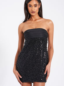 Felina Satin Sequin Pearls Beaded Mini Dress | Black