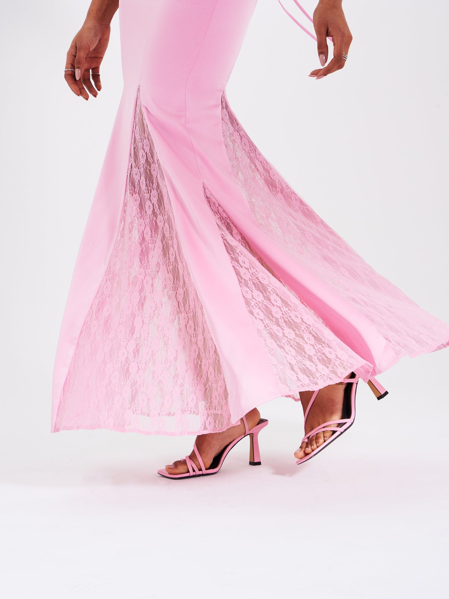 Xandria Lace Satin Mermaid Flare Maxi Dress | Pink