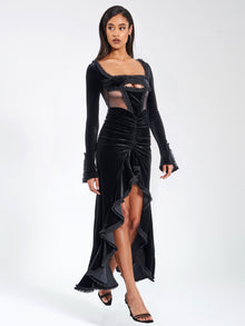 Maeve Velvet and Mesh Long Sleeve Maxi Dress | Black