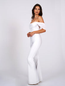 Sherlyn Off Shoulder Flared Crepe Jumpsuit | White