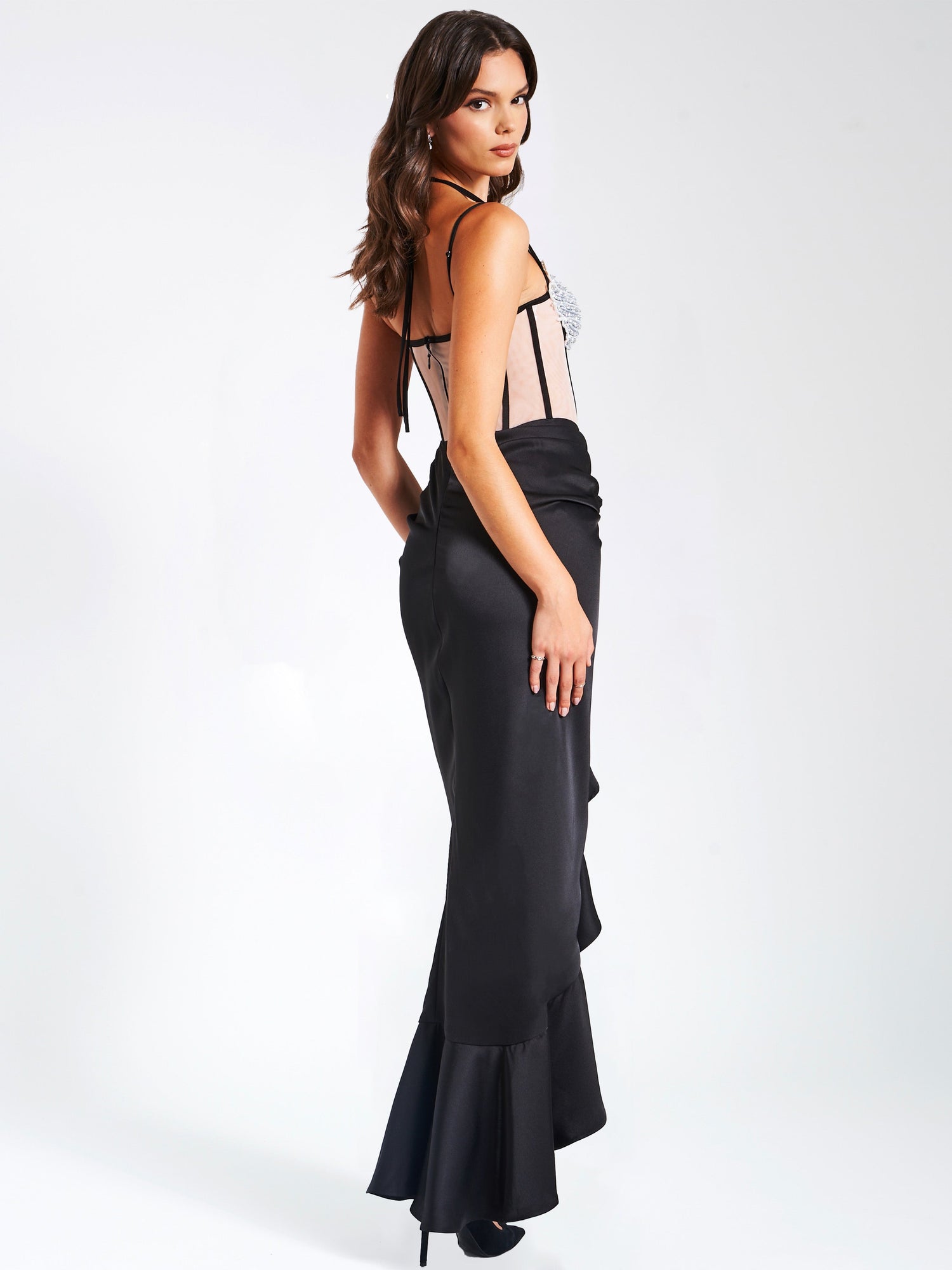 Rafaela Satin Corset Sequin Wing Cup Dress | Black