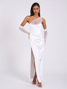 Lora Crystal Embellished Mesh Satin Corset Gown | White