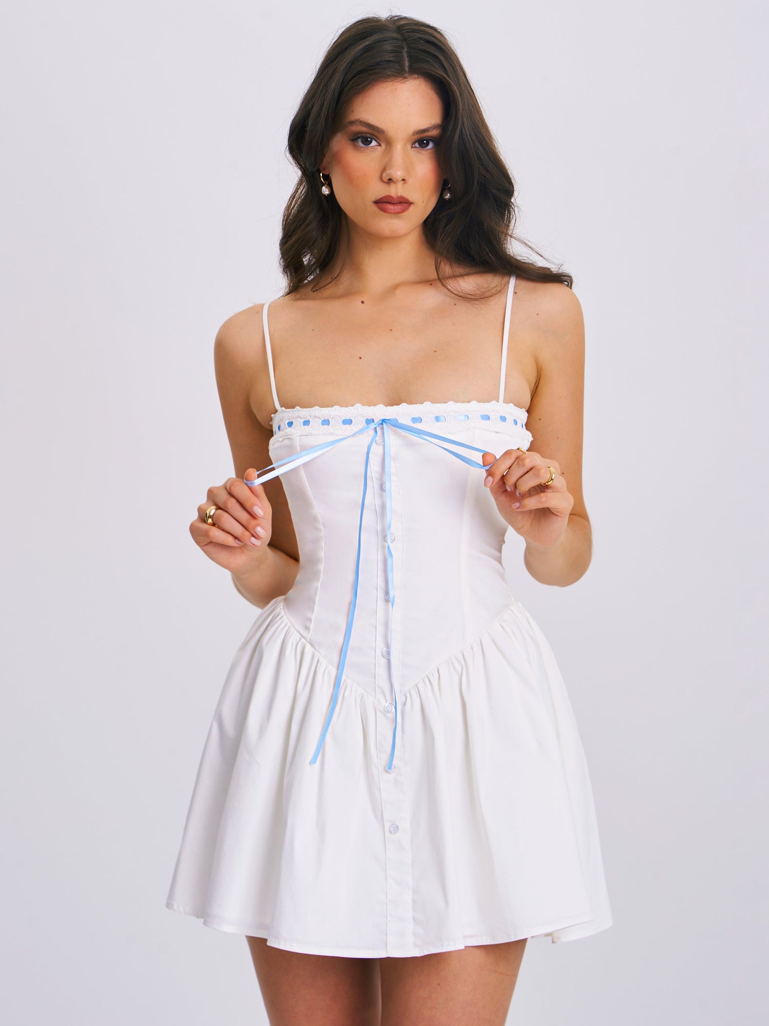 Malia Drop Waist Corset Lace Up Back Mini Dress | White