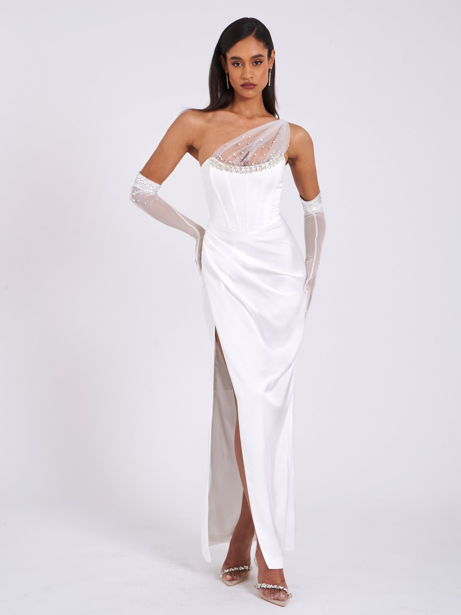 Lora Crystal Embellished Mesh Satin Corset Gown | White