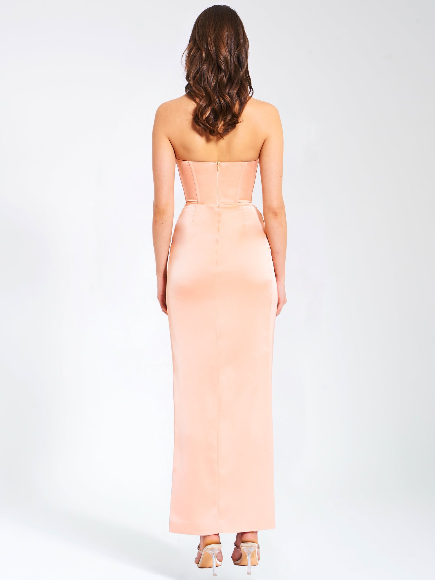 Amelia Satin Corset Slit Gown With Crystal Embellished | Blush