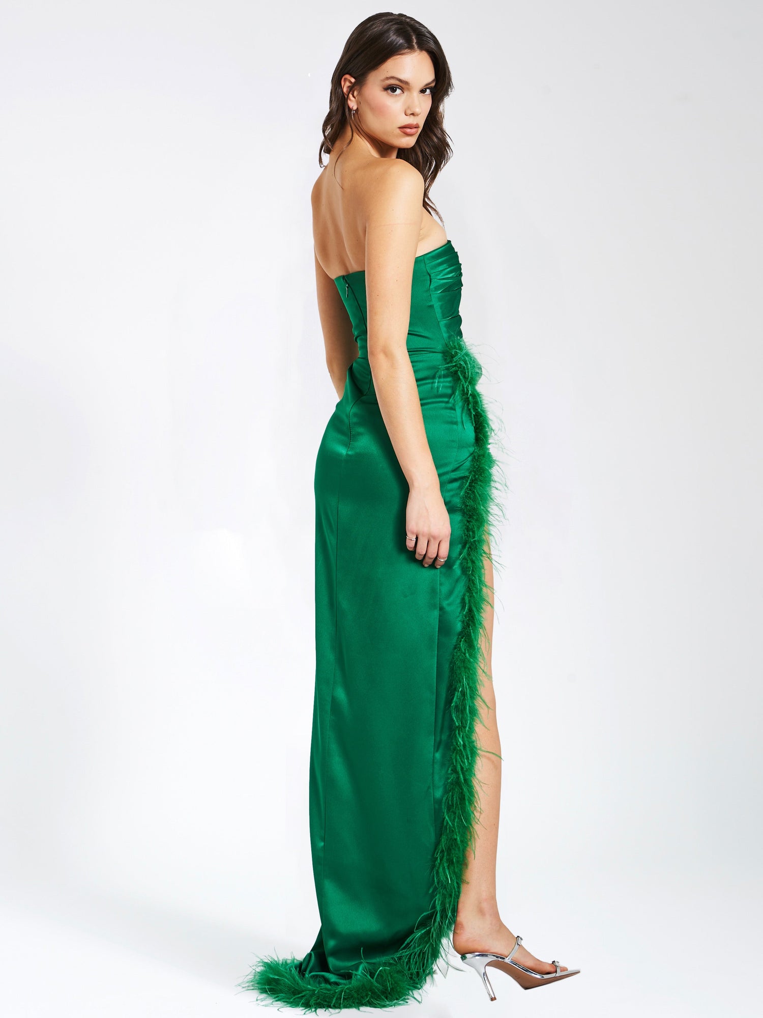 Perrin Emerald Feather Dress High Slit Gown | Green