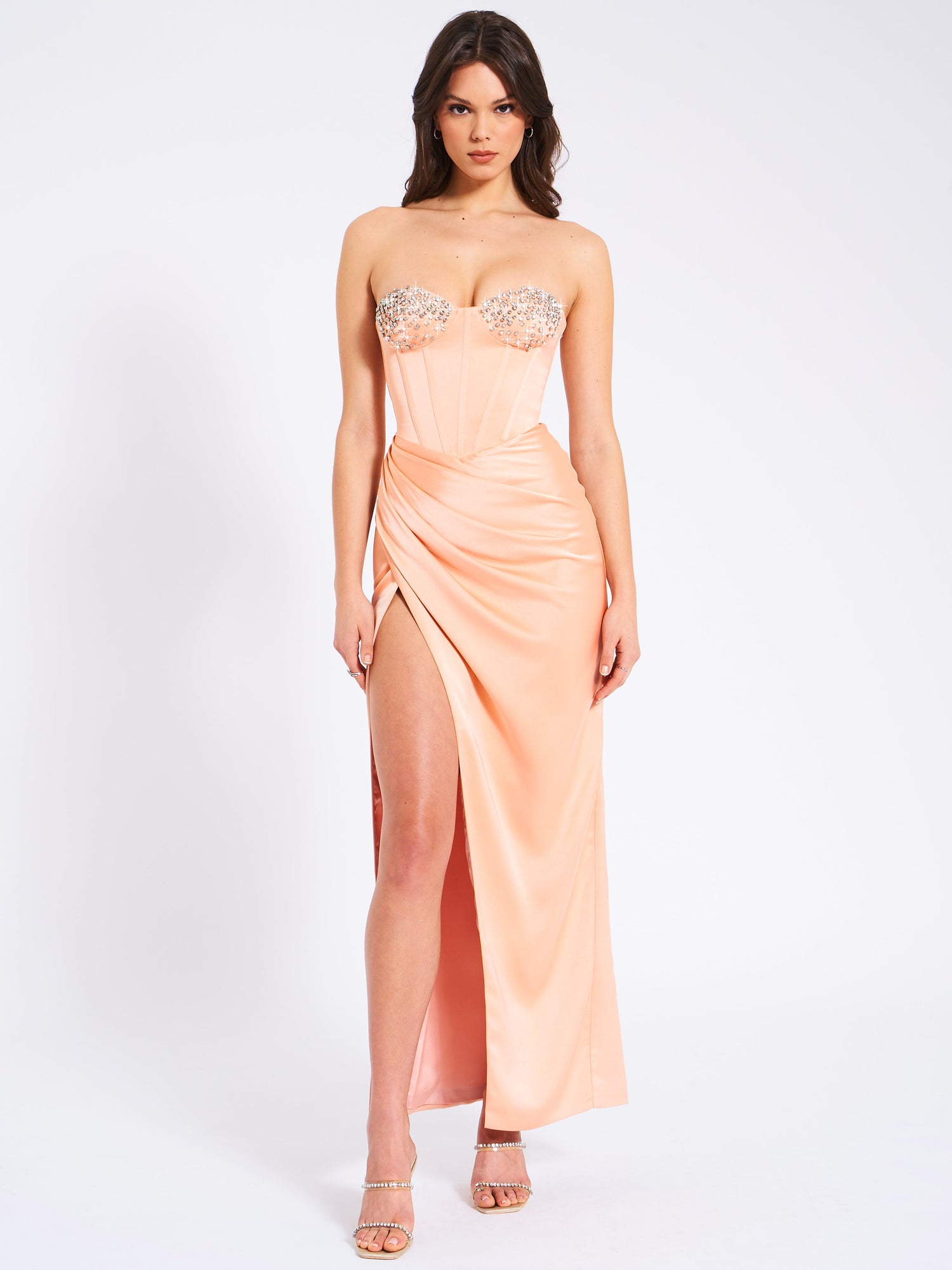 Amelia Satin Corset Slit Gown With Crystal Embellished | Blush