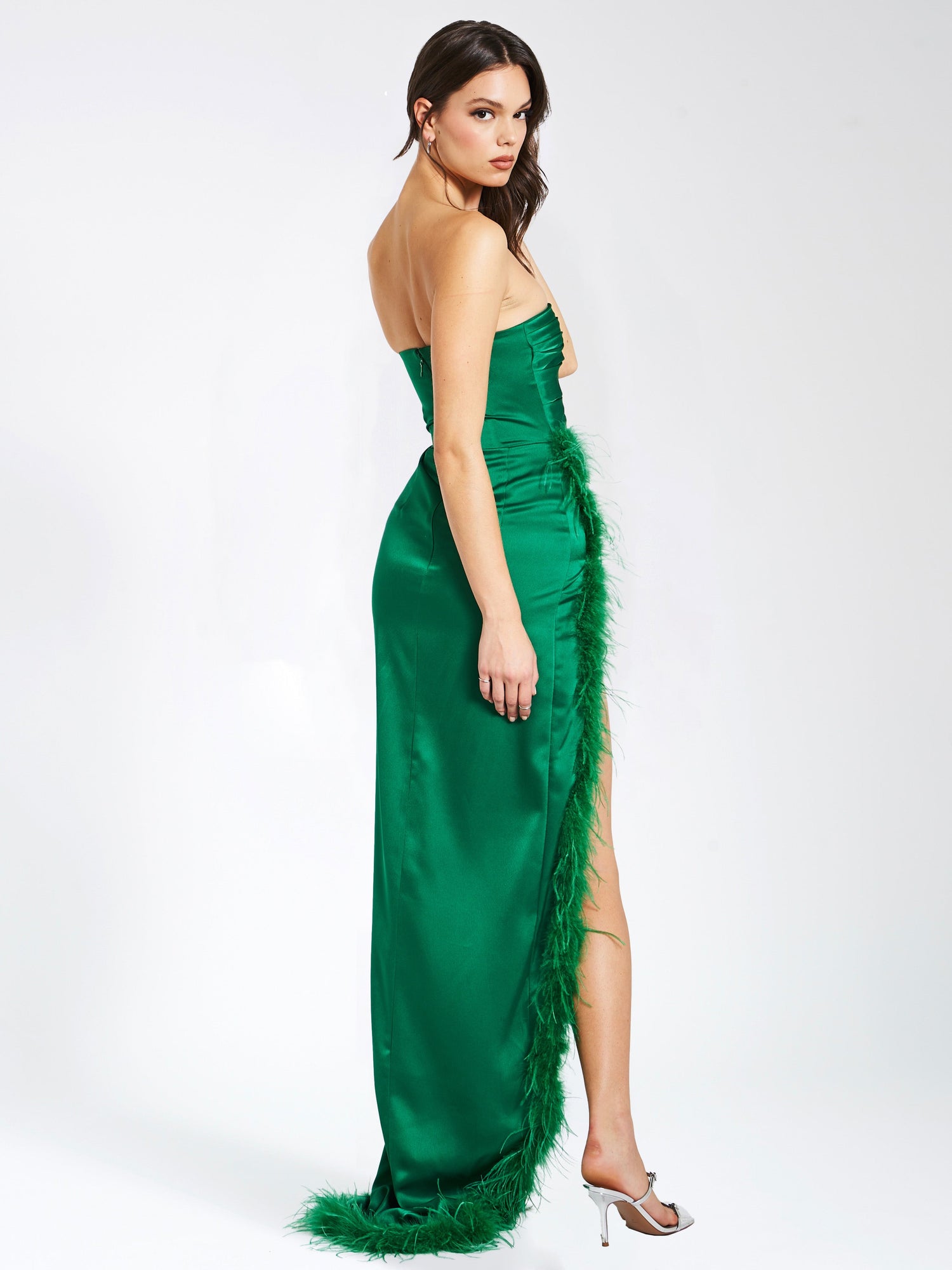 Perrin Emerald Feather Dress High Slit Gown | Green