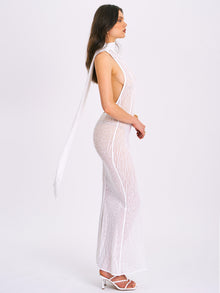 Olena Burnout Velvet Animal Print Mesh Halter Neck Maxi Dress | White