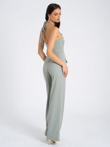 Zaria Sage Wide Leg Halter Jumpsuit | Green