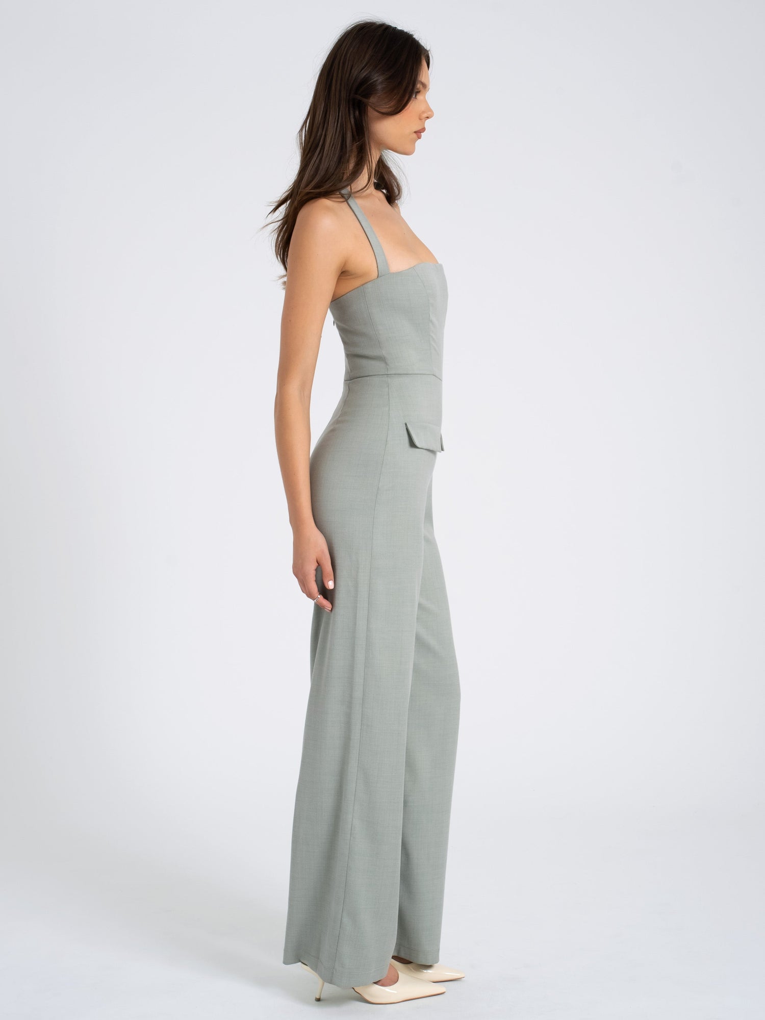 Zaria Sage Wide Leg Halter Jumpsuit | Green