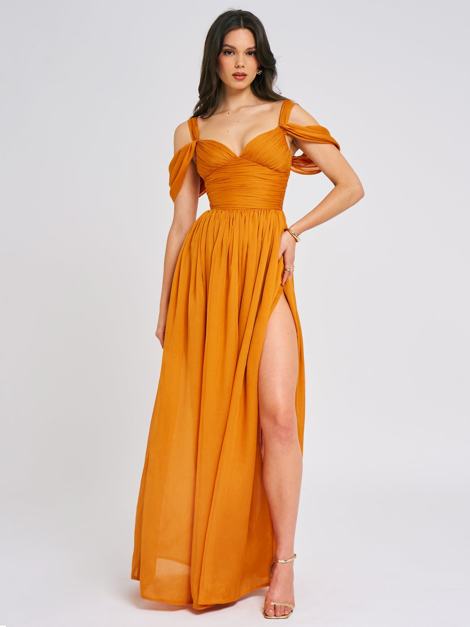 Jelani Layered Mesh High-Slit Drape Maxi Dress | Orange