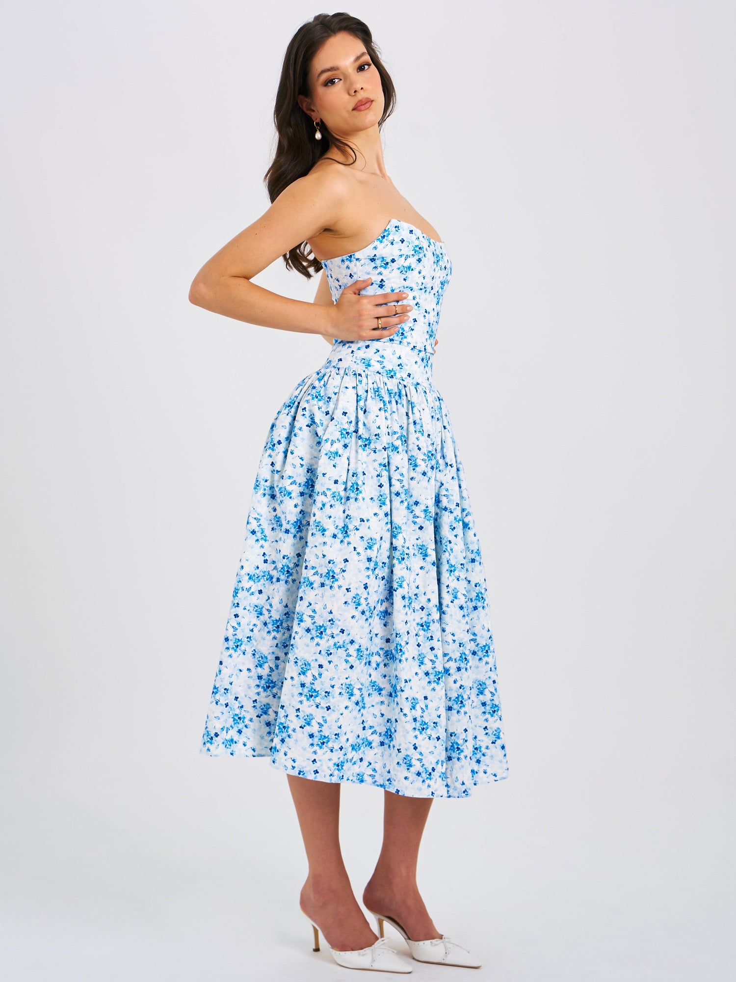 Paloma Print Linen Corset Draping Top Midi Dress | Blue