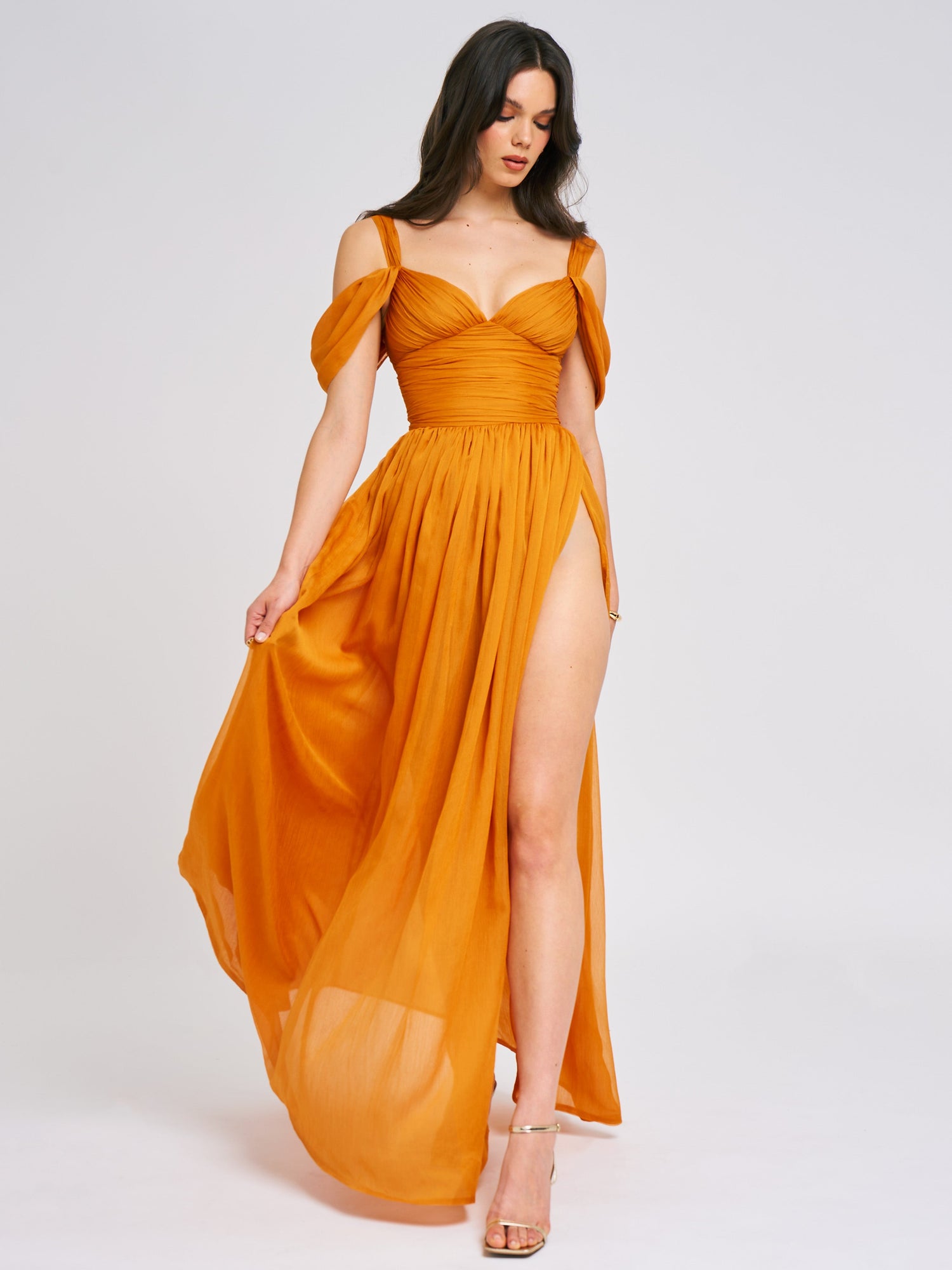 Jelani Layered Mesh High-Slit Drape Maxi Dress | Orange