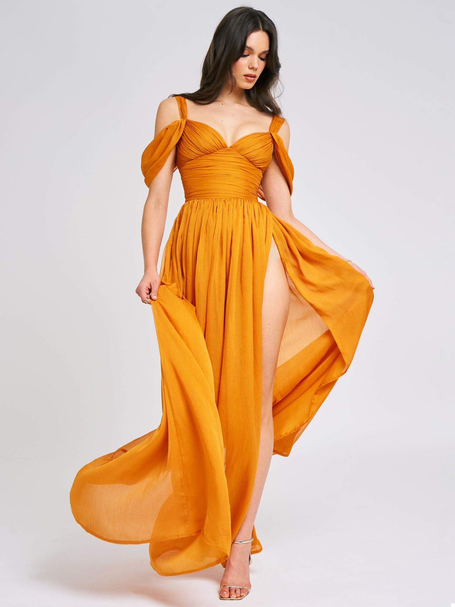 Jelani Layered Mesh High-Slit Drape Maxi Dress | Orange