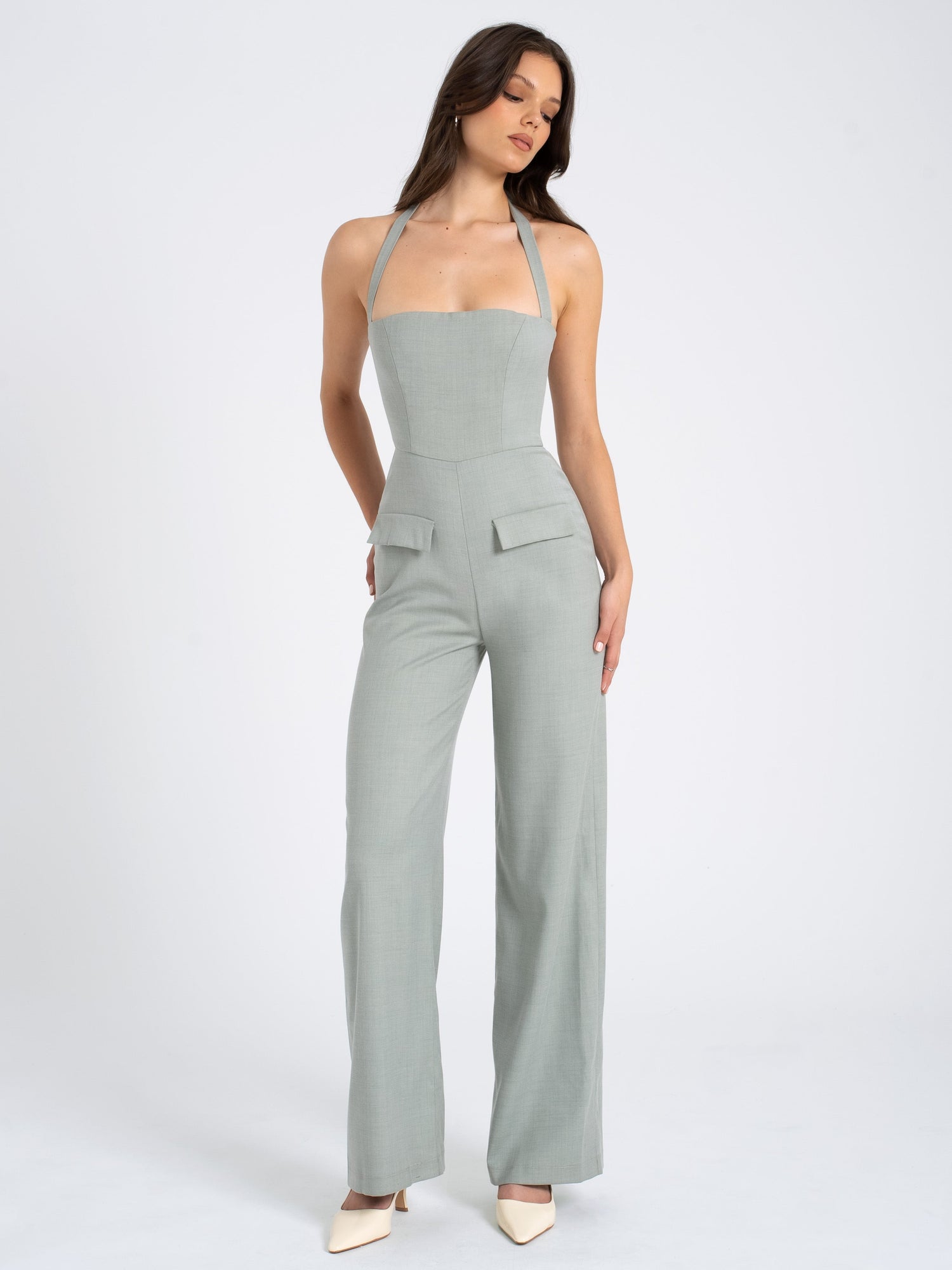 Zaria Sage Wide Leg Halter Jumpsuit | Green