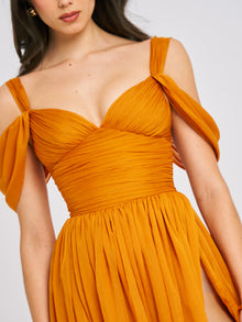 Jelani Layered Mesh High-Slit Drape Maxi Dress | Orange