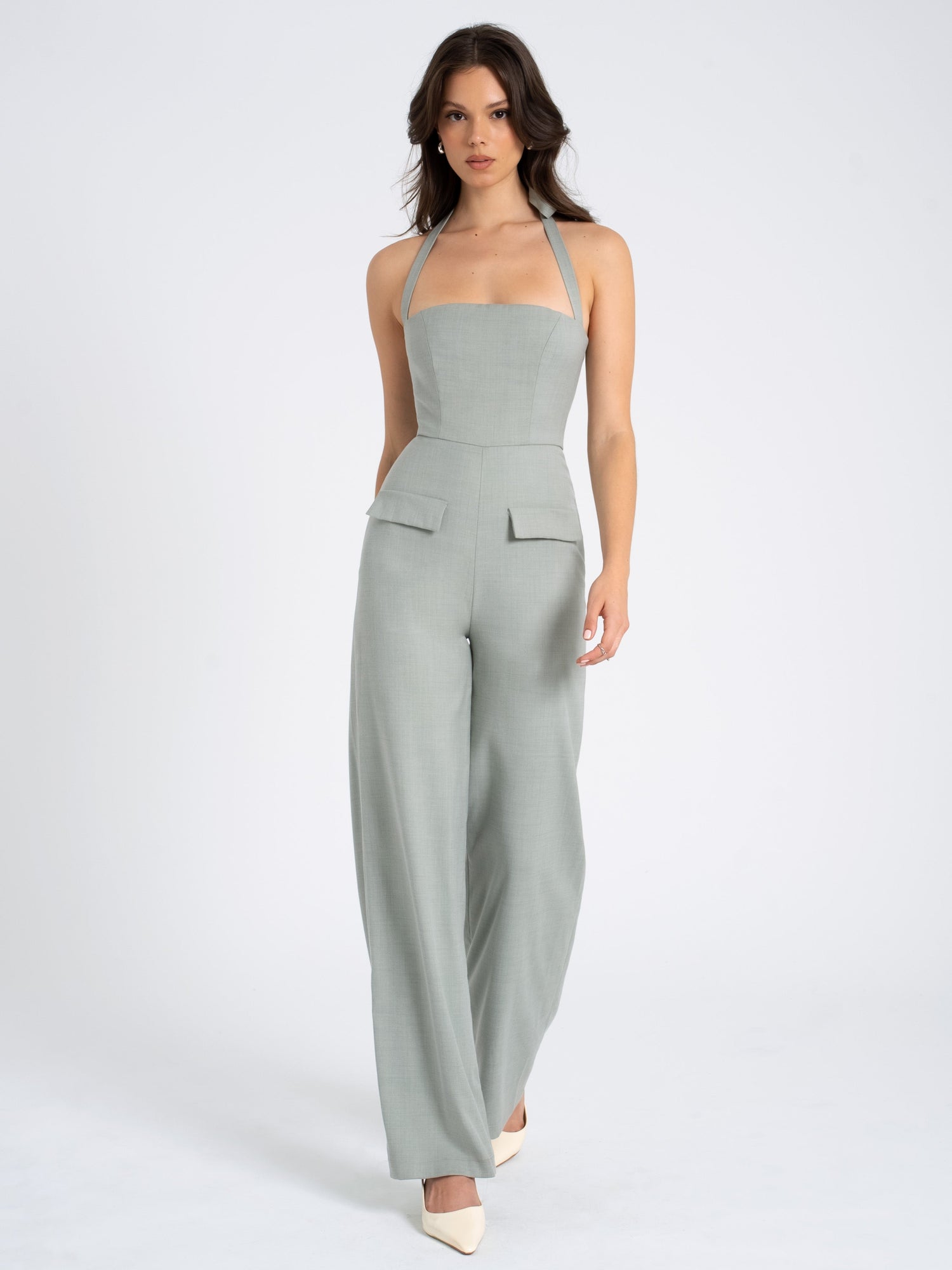 Zaria Sage Wide Leg Halter Jumpsuit | Green