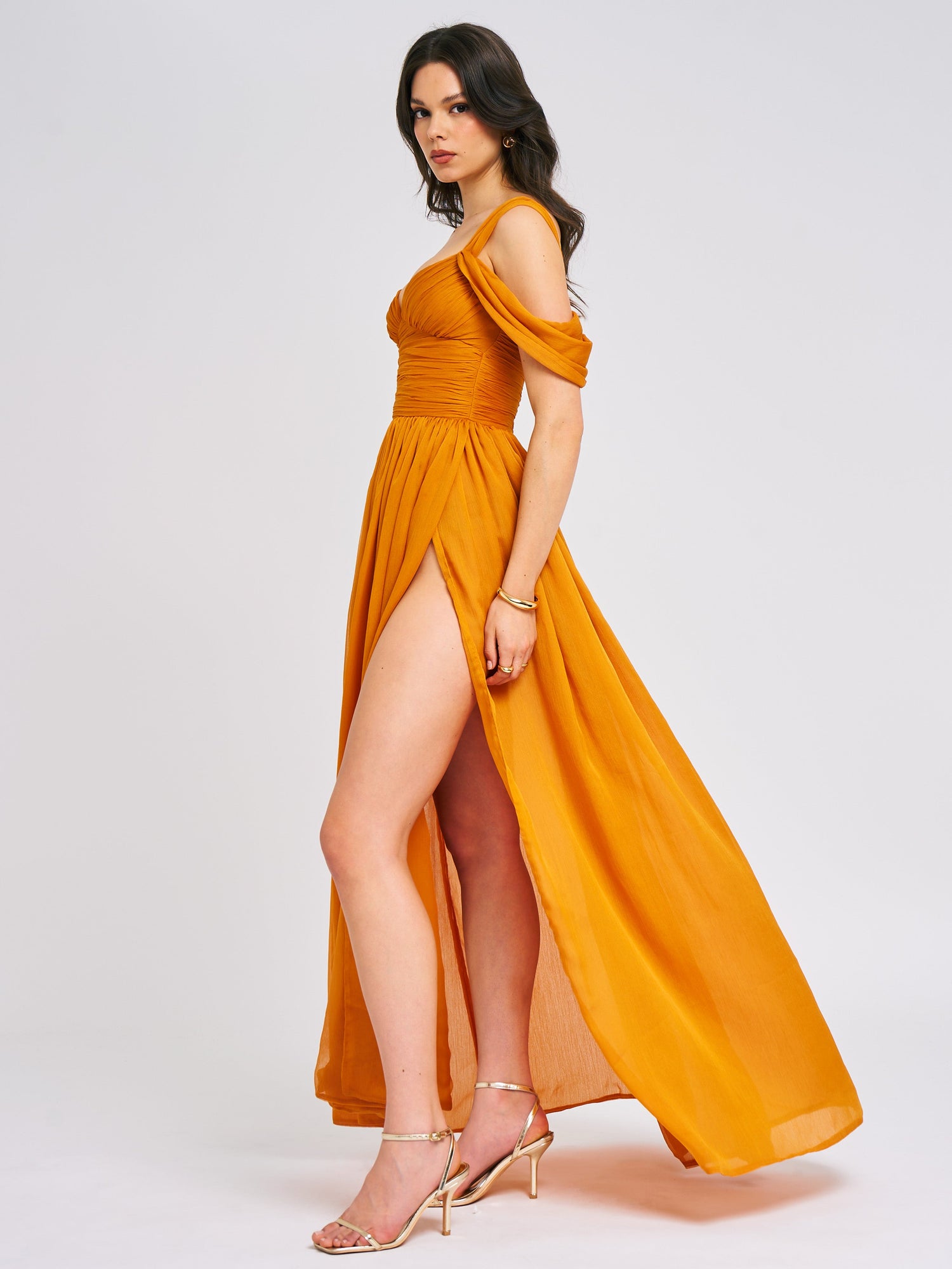 Jelani Layered Mesh High-Slit Drape Maxi Dress | Orange