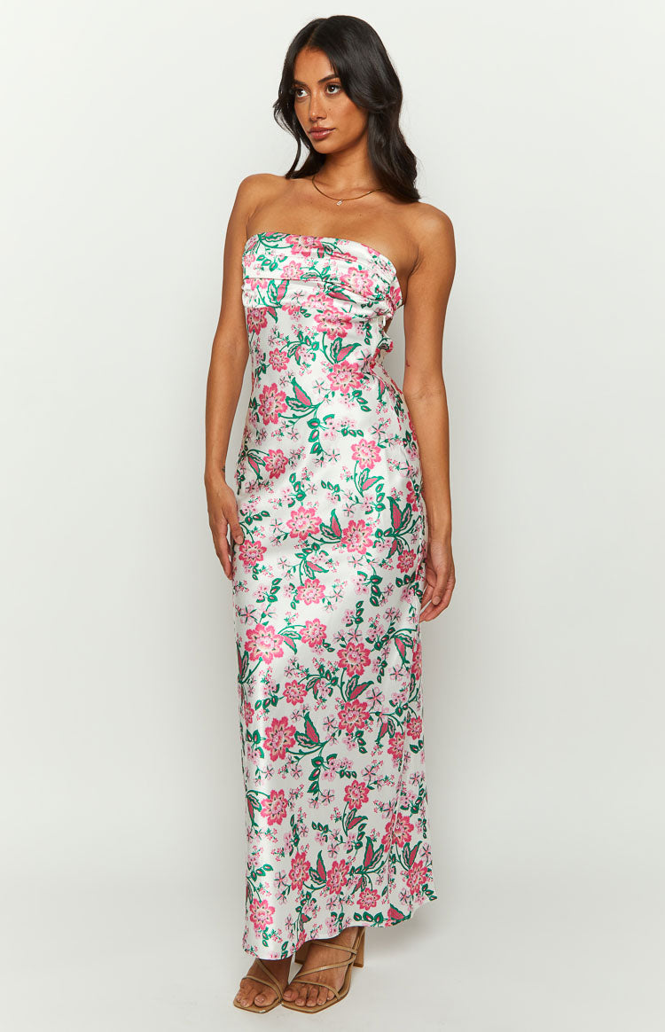 Astra Strapless Satin Midi Dress | Floral
