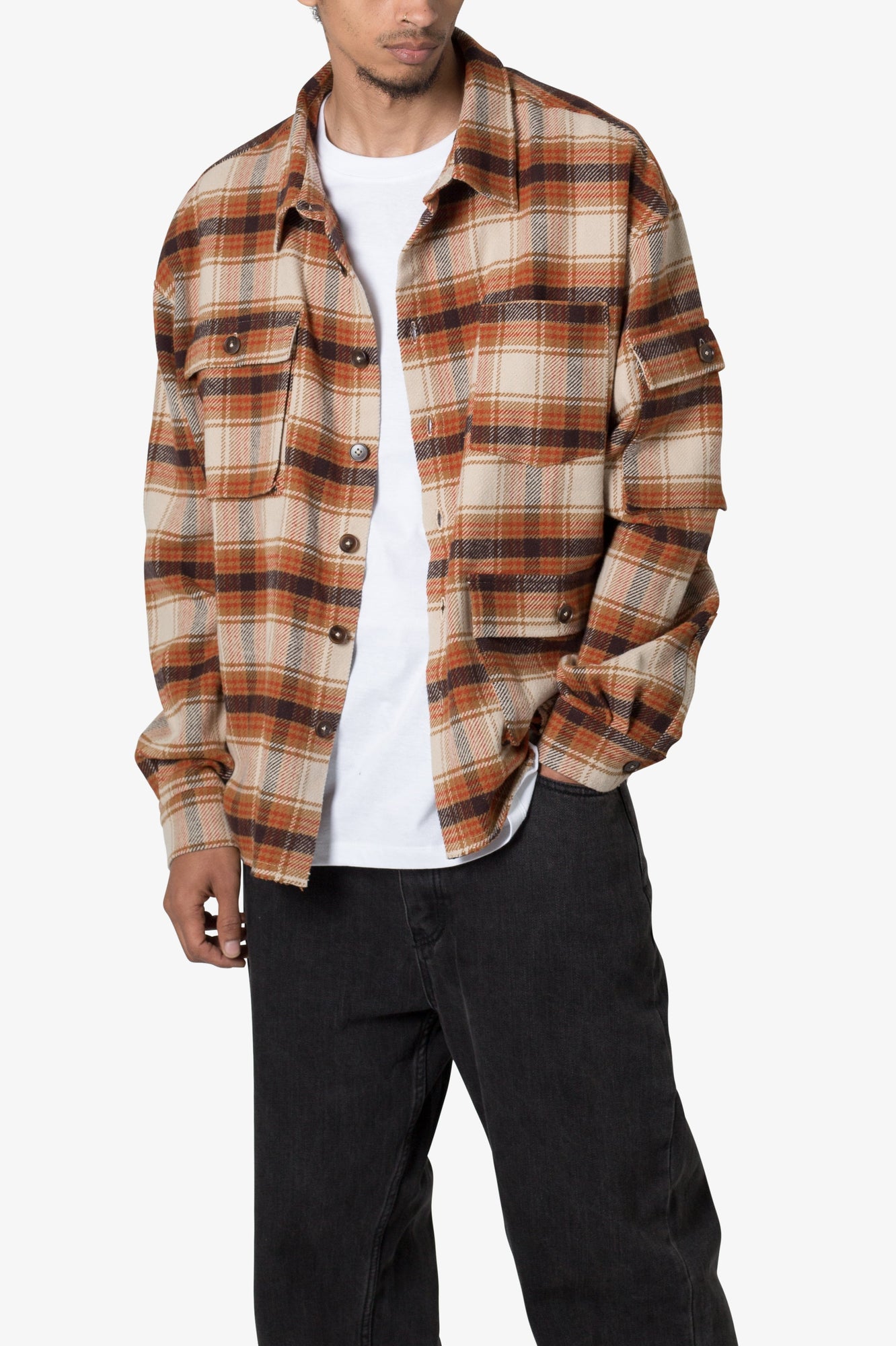 Asymmetrical Pocket Flannel Shirt | Brown