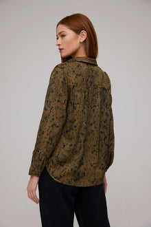 Long Sleeve Rounded Hem Button Down - Olive Snake Print