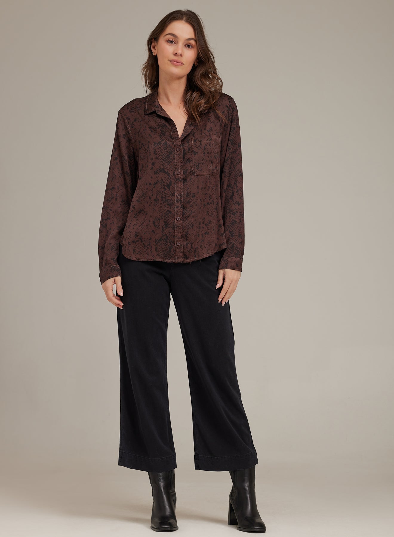 Long Sleeve Rounded Hem Button Down - Brown Snake Print