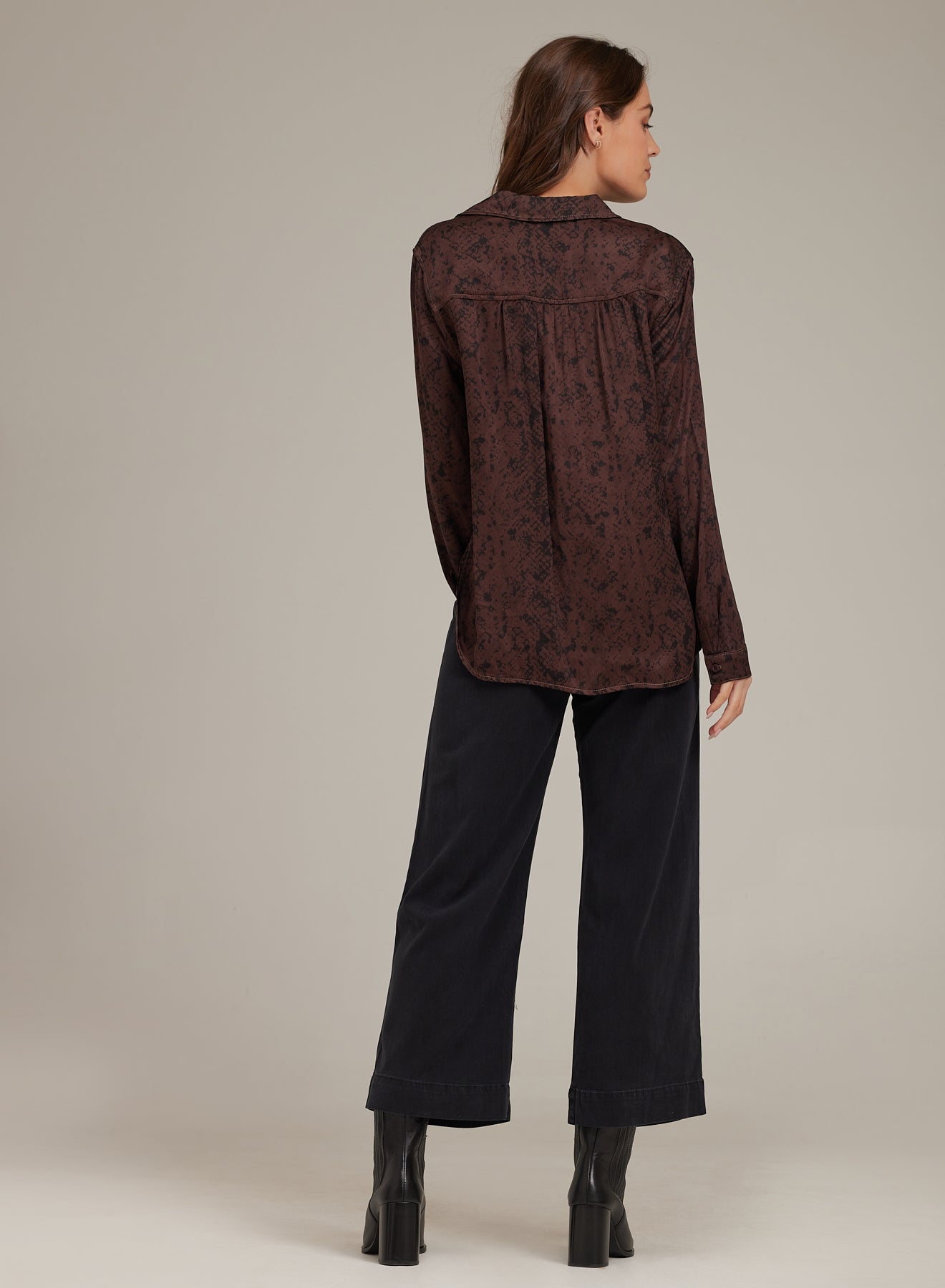 Long Sleeve Rounded Hem Button Down - Brown Snake Print