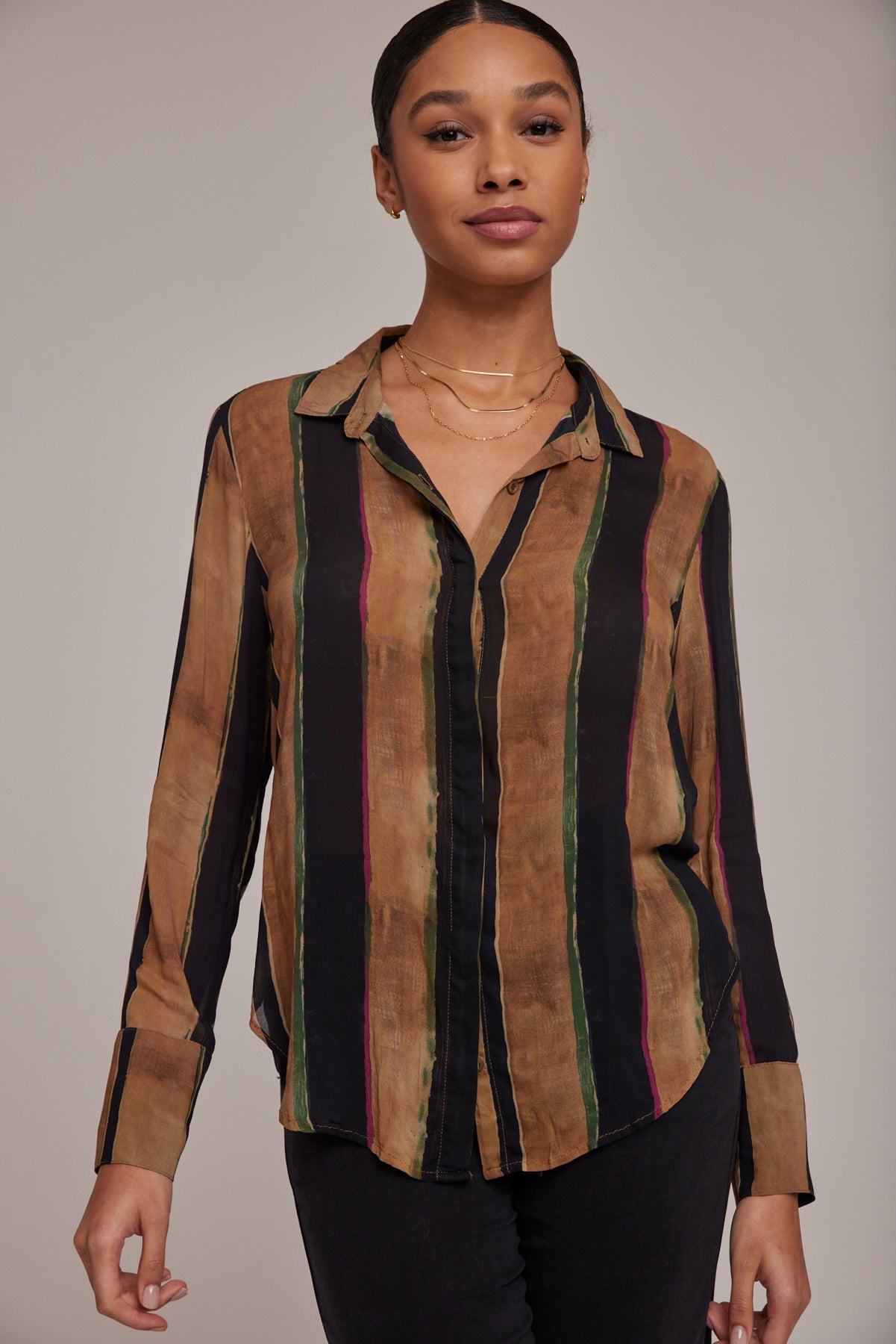 Hidden Placket Button Down - Golden Stripes Print