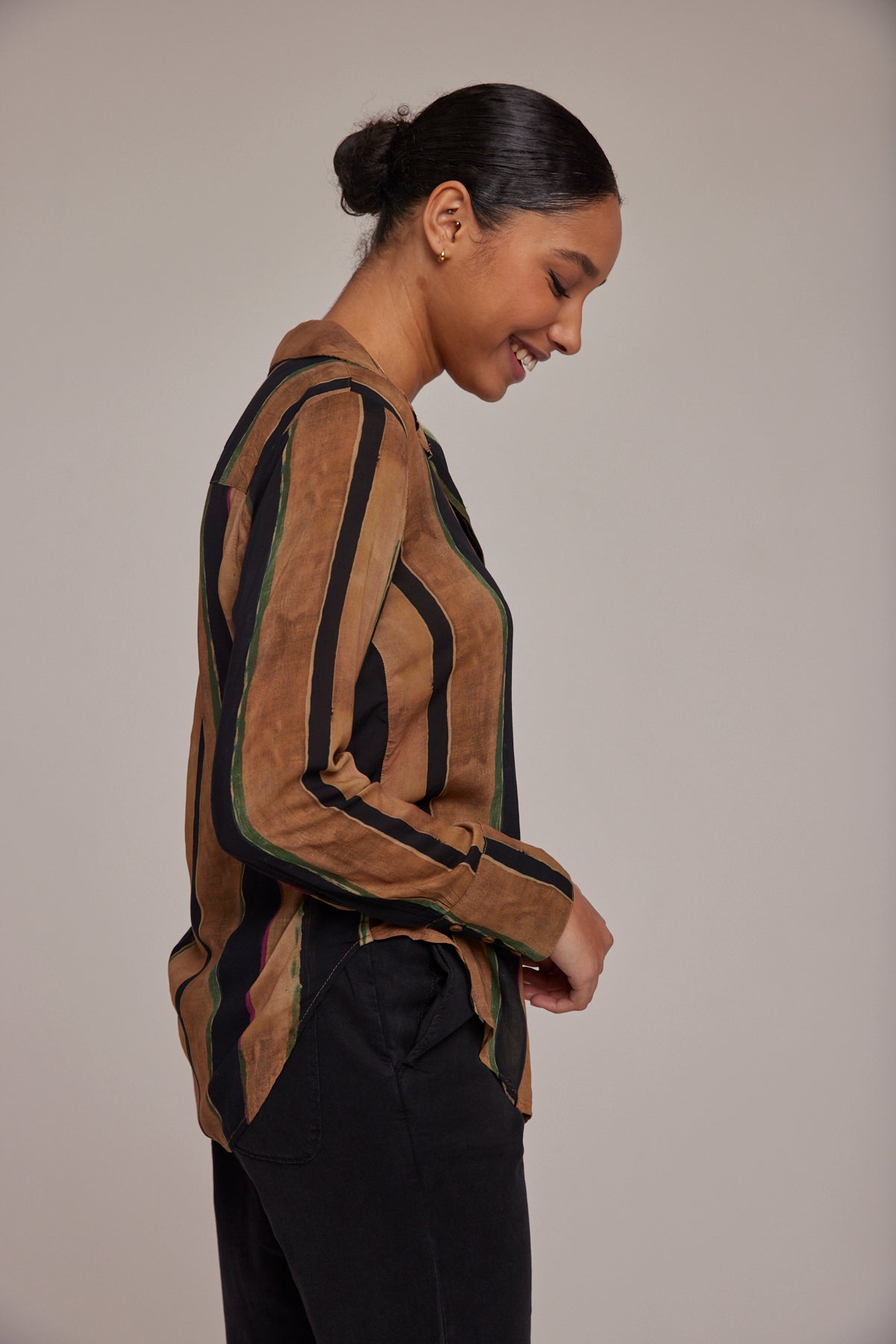 Hidden Placket Button Down - Golden Stripes Print