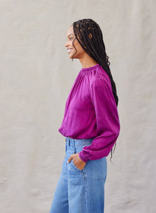 Long Sleeve Smocked Neck Pullover  - Boysenberry Jam