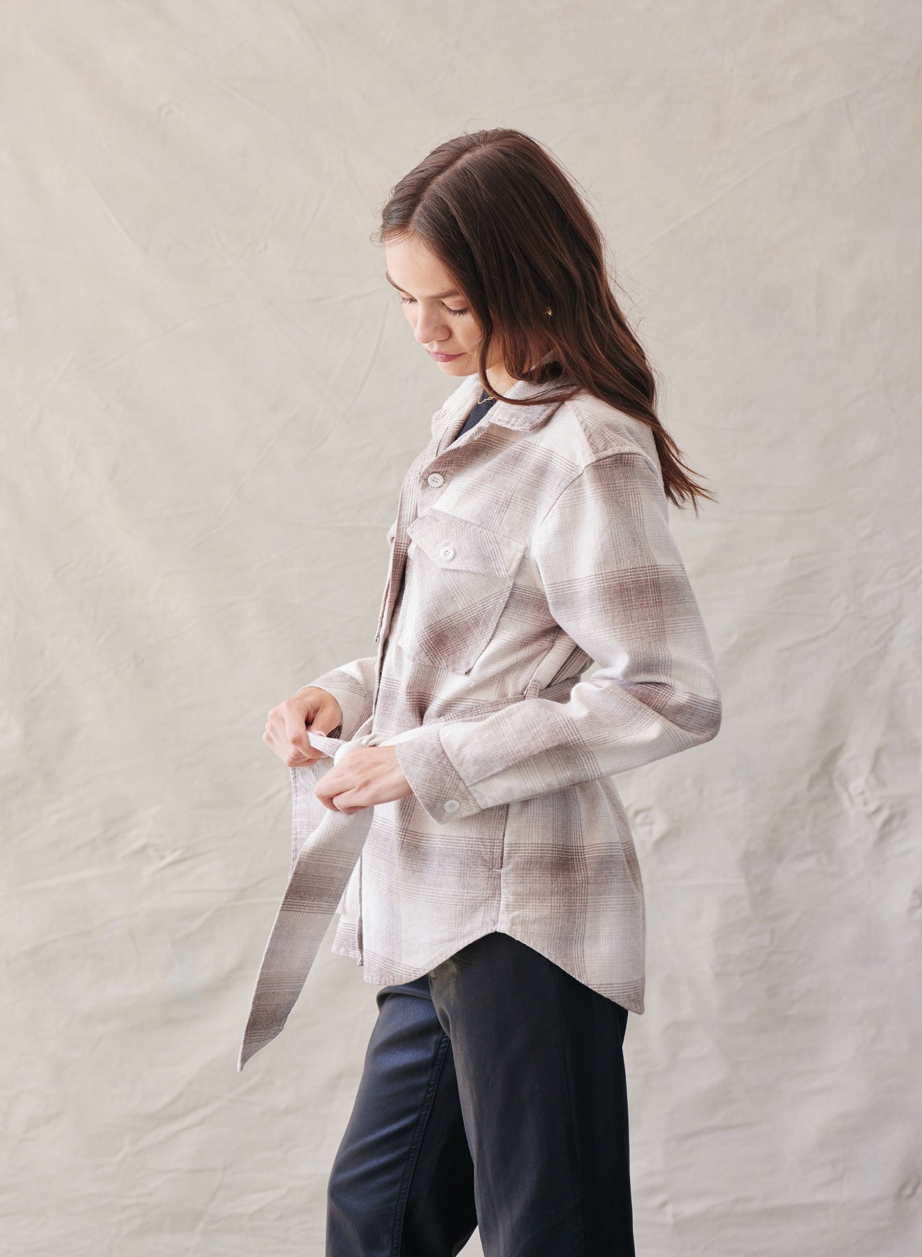 Flap Pocket Belted Jacket - Heather Oat Plaid