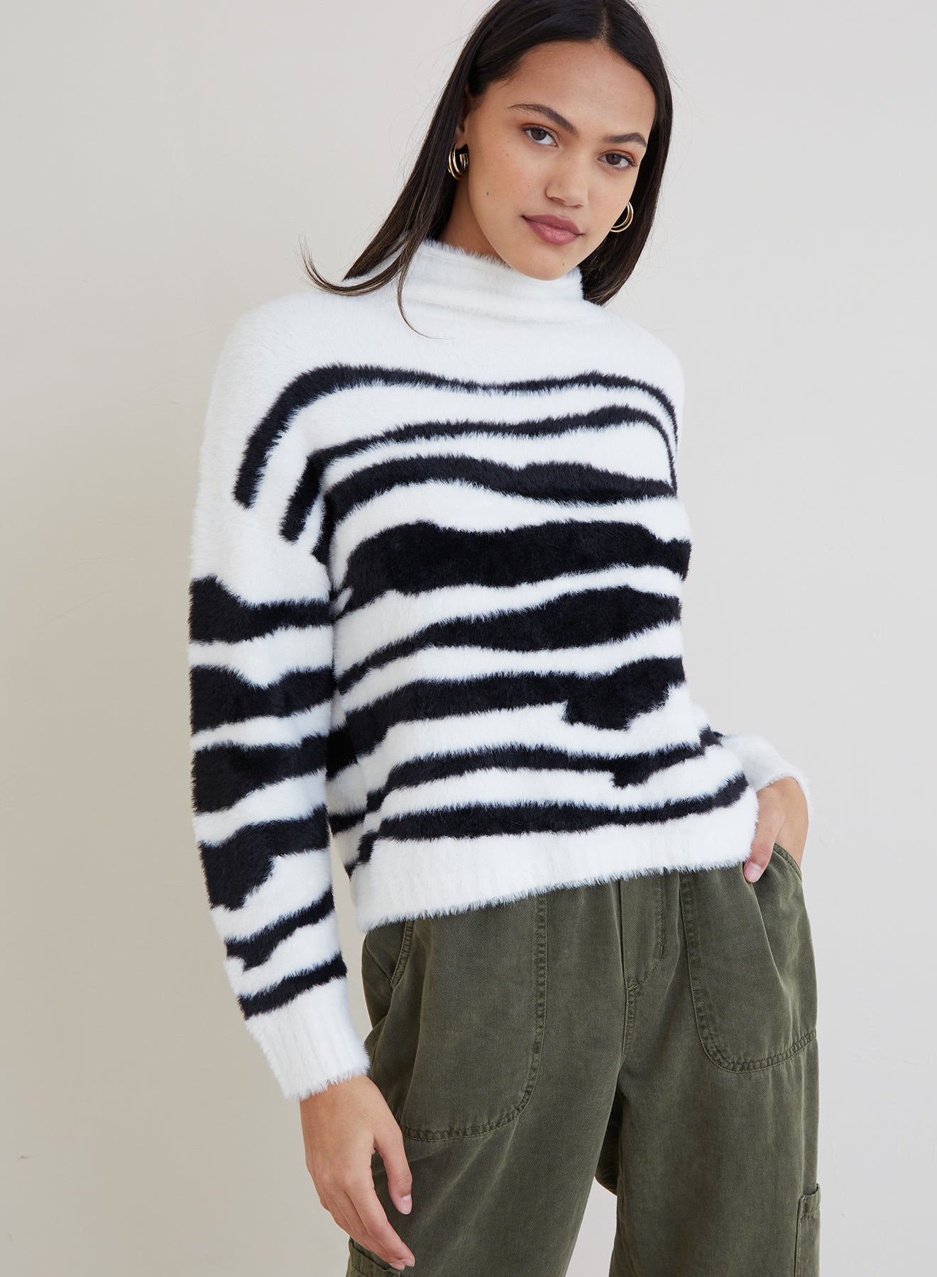 Fuzzy Mock Neck Sweater - Winter White Zebra