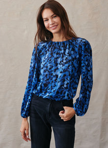 Elastic Shirred Top - Cobalt Floral Print