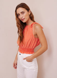 Smocked Waist Tie Neck Top | Mandarin Orange