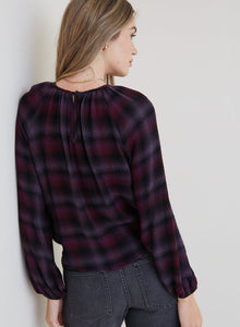 Plaid Long Sleeve Tie Front Blouse - Boysenberry Plaid