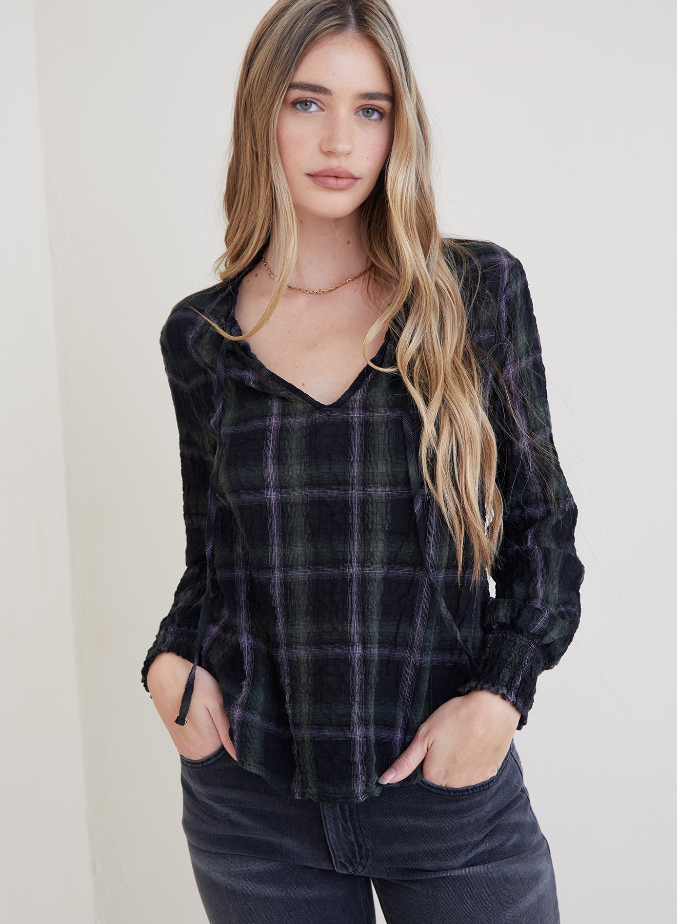 Plaid V-Neck Top- Garden Plaid